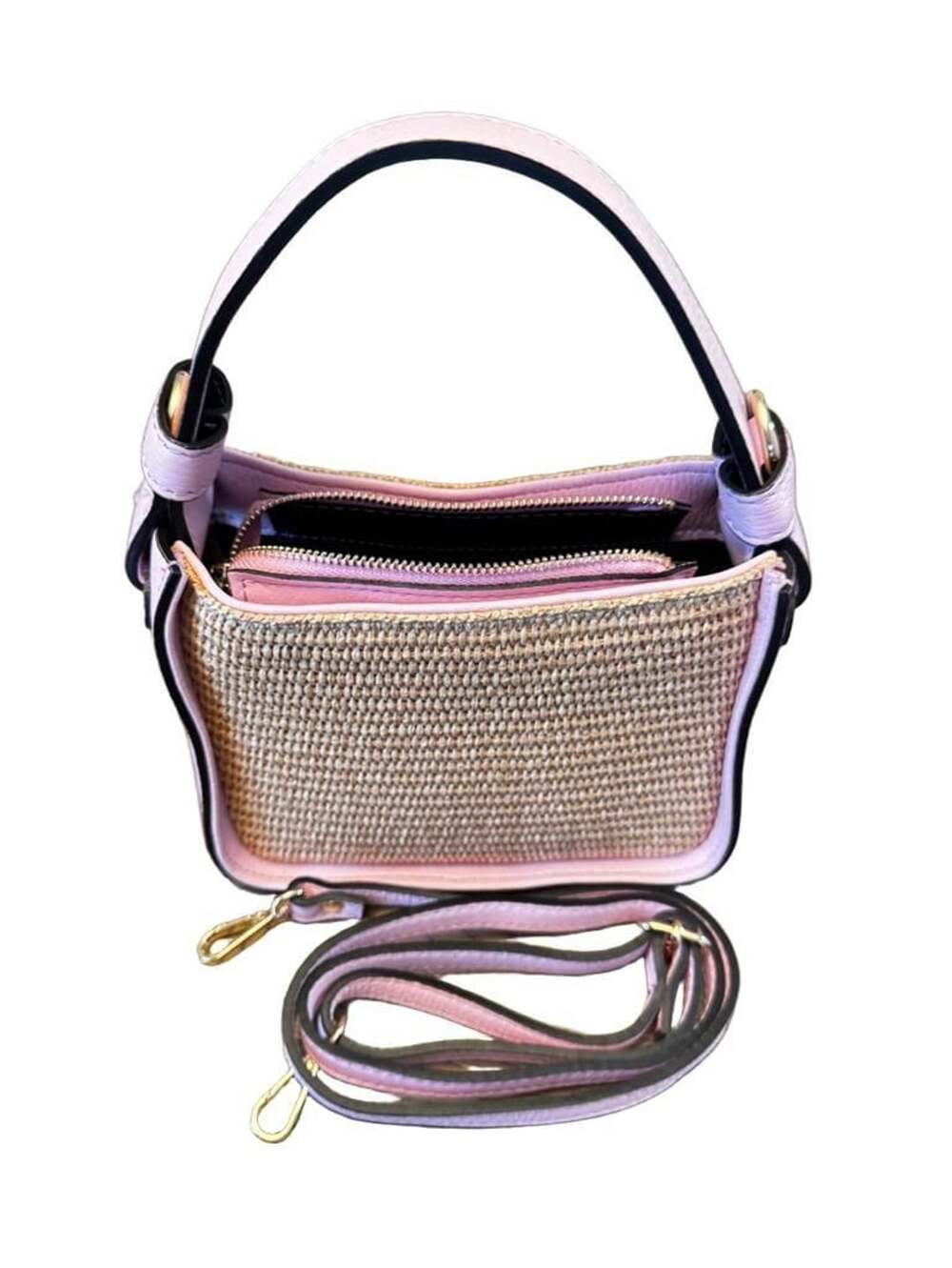 Borse In Pelle Genuine Leather Pink and Straw Shoulder Bag Made in Italy 1220